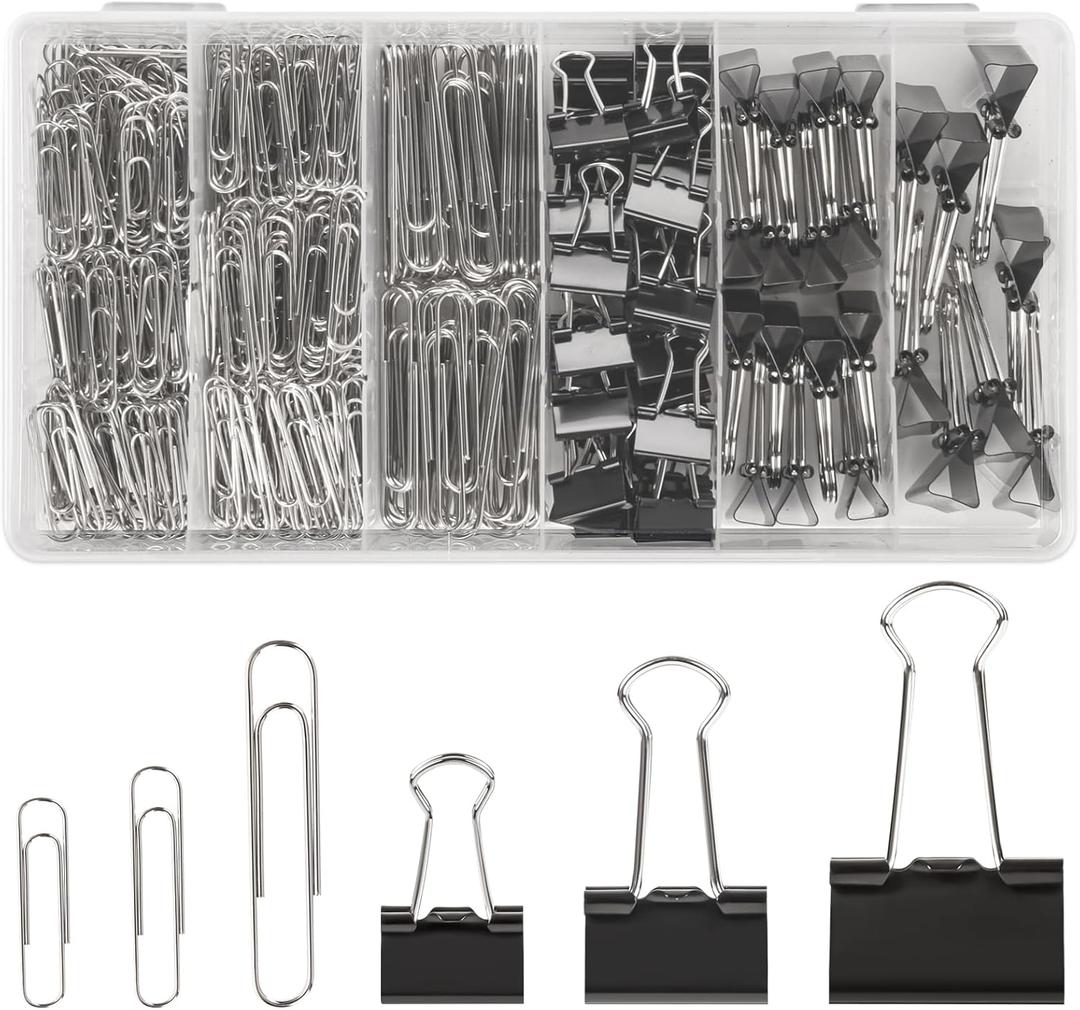 500PCS Paper Clips and Binder Clips Assorted Sizes,3 Sizes in One Pack, Large, Medium, Small,Silver PaperClips & Black Binder Clips for Home, School, Office Supplies