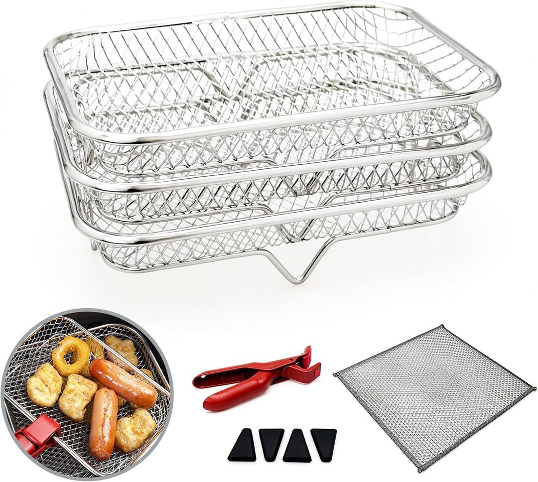 Air Fryer Rack Set of 3, Stackable Stainless Steel Air Fryer Basket Accessories, Deep Dehydrator Racks Frying Baskets for Baking Roasting, Oven & Dishwasher Safe (Rectangle), 7.68inch