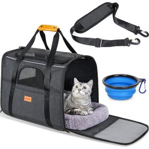Morpilot Cat Carrier - Soft Sided Cat Carrier Large for Big Medium Cats and Puppy up to 18lbs, Pet Carrier with Safety Zippers, Foldable Bowl, Airline Approved Large Dog Carrier - Dark Gray (17.3"L x 12.2"W x 13.4"H)