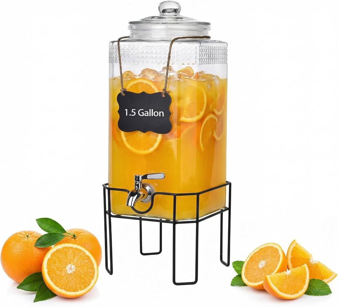 1.5 Gallon Glass Drink Dispenser, Drink Dispensers for Parties, Beverage Dispenser with Stand and Glass Lid, 100% Leakproof Spigot, Ideal for Lemonade, Juice, Iced Tea, Laundry Detergent (EXP 02/05/26)