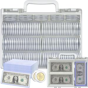 FULLCASE Coins Collector Case Holder Coin Capsules 46mm with 6 Sizes Foam Gasket (141 Pcs), Hard Paper Currency Sleeves (20 Pcs), Soft Dollar Bill Sleeves (200 Pcs) Storage Organizer Box (White)