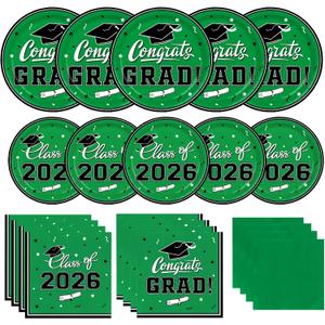 Graduation Party Plates and Napkins Gatherfun 2026 Graduation Party Supplies Green Disposable Paper Plates Luncheon Napkins Cocktail Napkins for Congrats Grad Party Decorations, Serve 50