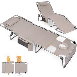 Heavy Duty Tanning Chair with Face Hole Adjustable 5-Position Folding Chaise Lounge Chairs for Outside Portable Lay Flat Beach Lounge Chair for Outdoor Sunbathing Patio Pool Lawn Camping Deck Poolside (Standard_beige_1pack)