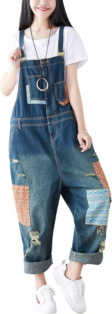 Yeokou Women's Loose Baggy Denim Wide Leg Drop Crotch Jumpsuit Rompers Overalls (Style 21 Blue)