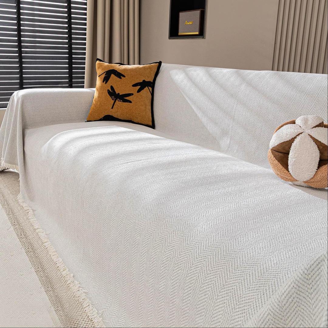 Chenille Couch Cover for Sofa Non Slip Cover Washable Pet Scratch Couch Covers Tassel Sofa Slipcover for 3 Cushion Couch Furniture Protector Blanket for Living Room,Off White 91"x134"