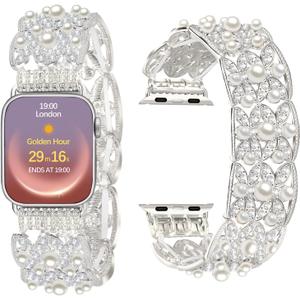 VIQIV Pearl Bracelet Compatible with Apple Watch Bands for Women 38/40/41/42/44/45/46/49mm Iwatch Series SE/SE2/10/9/8/7/6/5/4/3/Ultra 2, Cute Stretchy Bling Fancy Dressy Jewelry Metal Strap for Girls