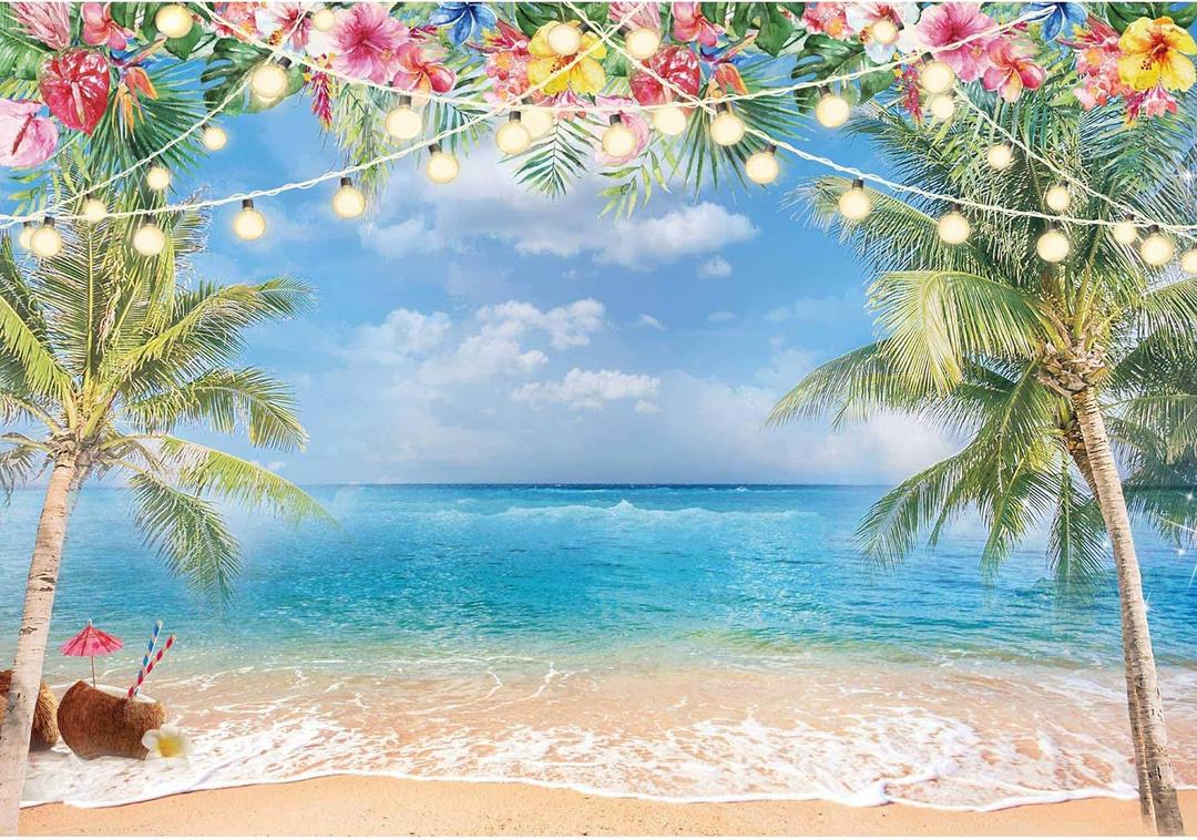 10x8ft Summer Hawaiian Beach Ocean Photography Backdrop Sky Seaside Tropical Palm Trees Luau Hawaiian Party Decorations Photoshoot Background Photo Banner Supplies