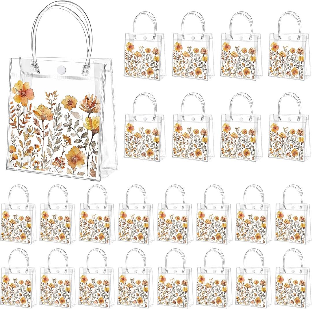 Tioncy 24 Pcs Spring Floral Clear Gift Bags Boho Flower Transparent candy Bags with Handle Wild Floral PVC Treat Bag for Wedding Favors Birthdays Supplies