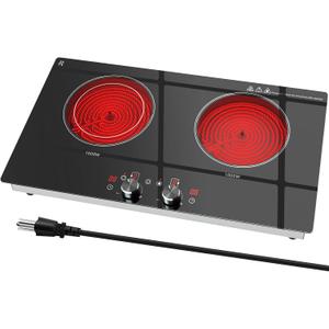 2 Burner Electric Cooktop 24 Inch, 120V Electric Stove Top with Countertop & Built-in Design, 1800W Knob Control Radiant Ceramic Cooktop with Safety Lock, 9 Level Power, 99 Min Timer - Plug in