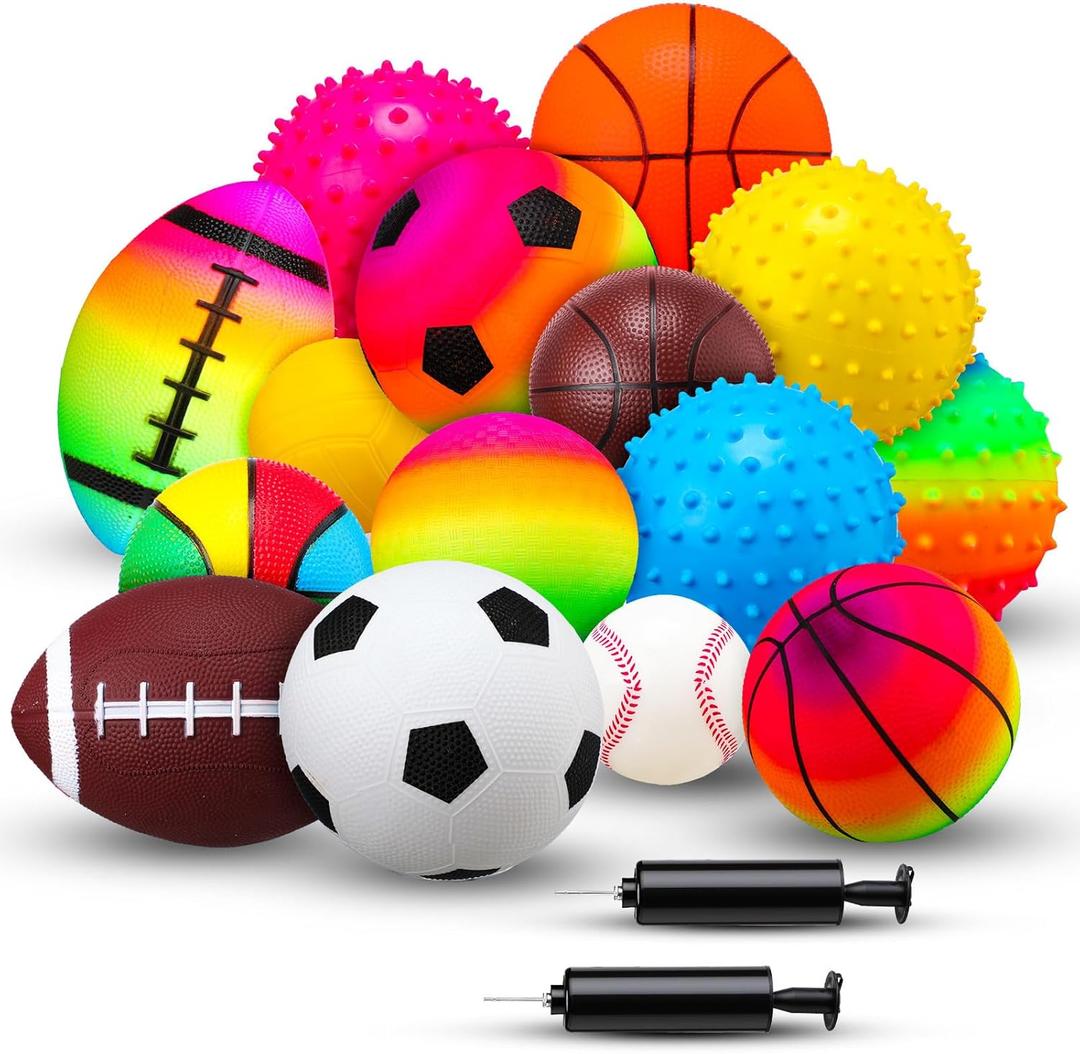 15 Pcs Sports Balls Set for Toddlers Kids Assorted Rubber Sport Playground Balls Inflatable with Pump for Boys Girls Indoor Outdoor Game Gifts