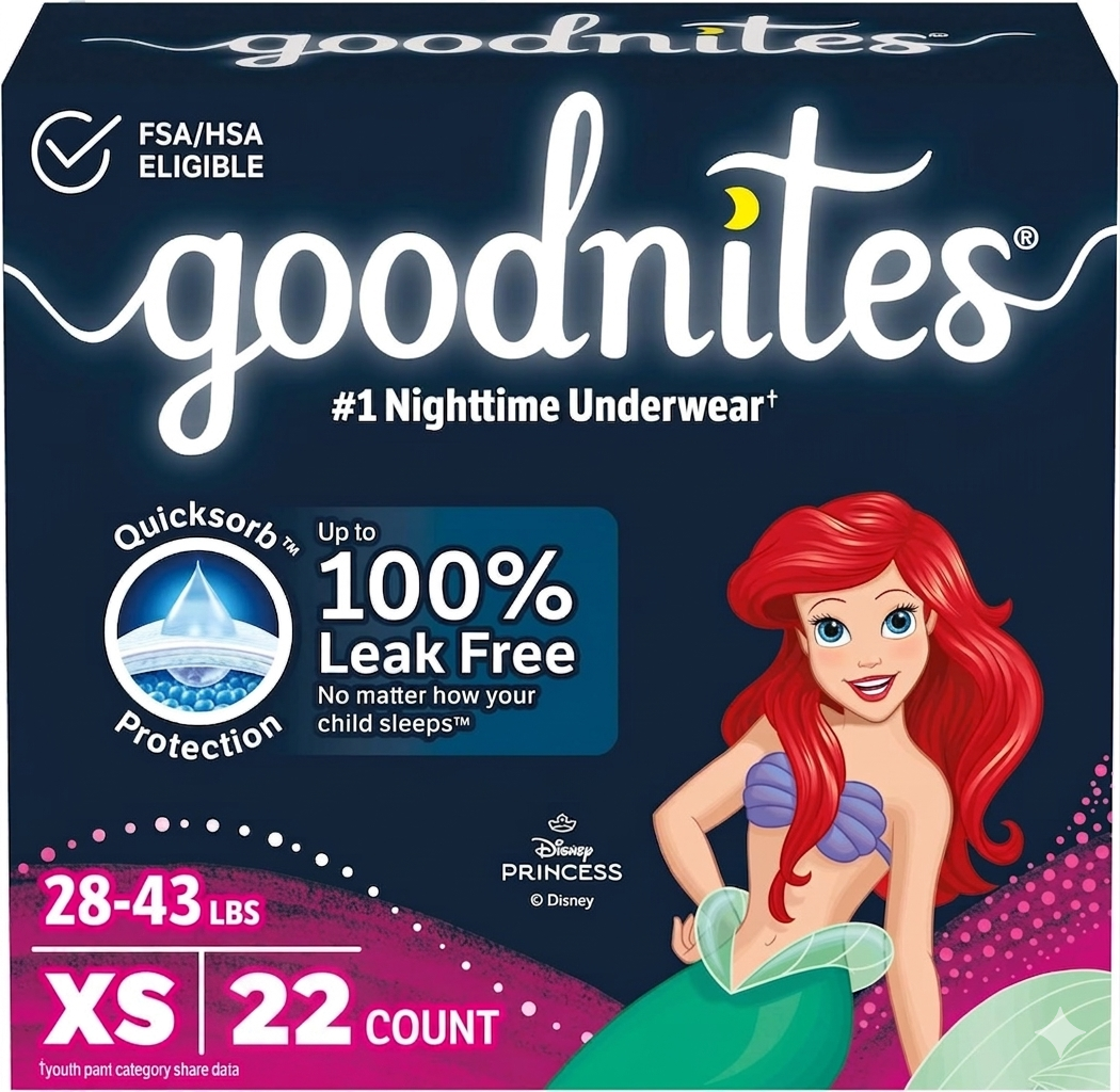 Goodnites Girls' Nighttime Bedwetting Underwear, Size Extra Small (2843 lbs), 44 Ct (2 Packs of 22)