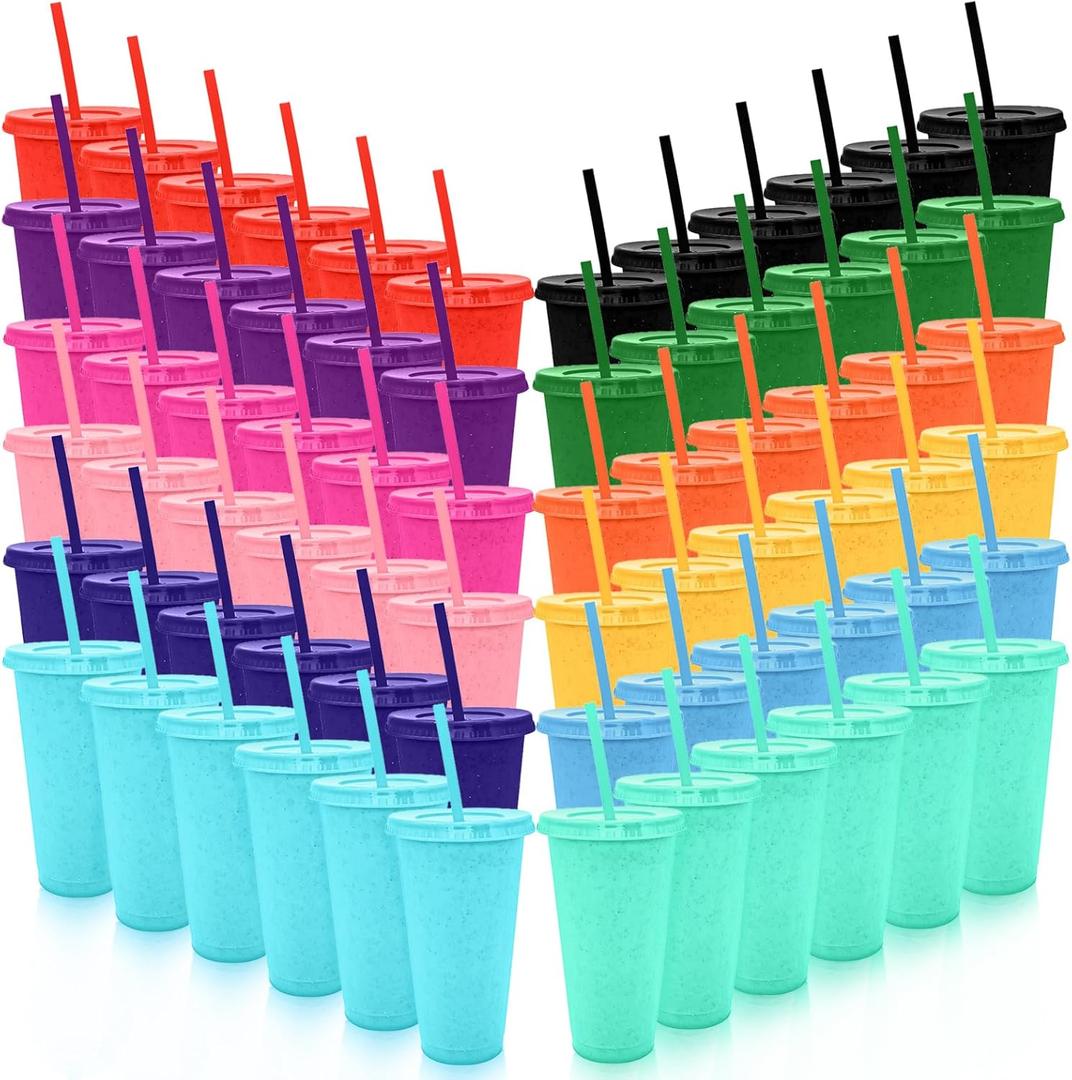 YOUKE OLA 72 Pack Glitter Plastic Cups with Lid and Straw, 24 oz Bulk Reusable Cup for Coffee Cup for Adult Birthday Party (Mix Color)