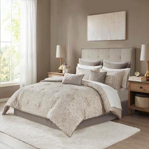 Madison Park Emilia Bed in a Bag Comforter Set with Sheets, Gold Metallic Jacquard Damask Design, Traditional, All Season Bedding Includes Bedskirt, Shams, Toss Pillows, Queen Khaki/Gold 12 Piece