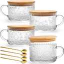 YORY 4-Pack Vintage Glass Mugs with Bamboo lids and Spoons Coffee Tea Cups Gifts for Women Overnight Oats Containers 14oz,