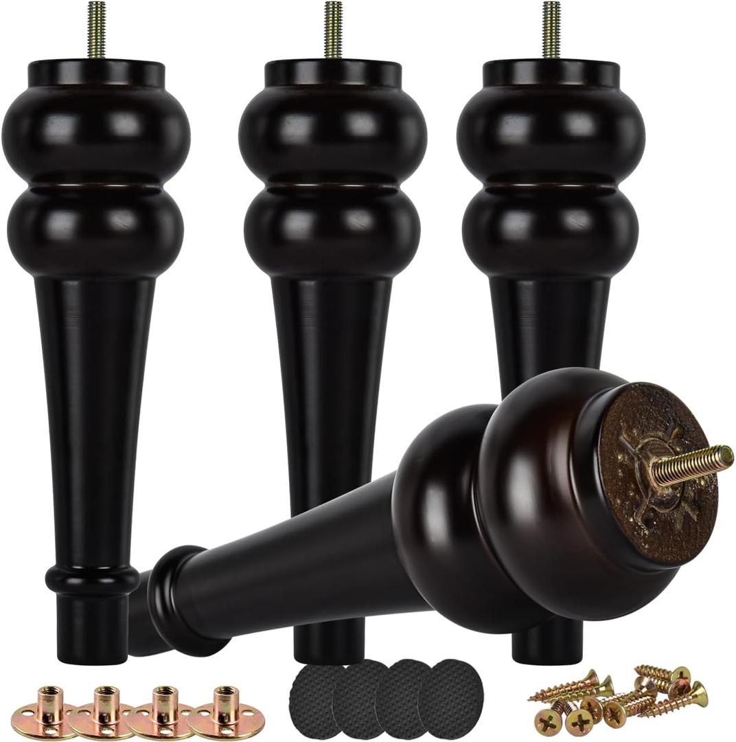 10 inch / 24cm Wooden Furniture Legs, Pack of 8 Walnut Solid Wood Turned DIY Replacement Bun Feet with M8 Hanger Bolts & T-Nuts or Sofa Couch Cabinet Recliner Ottoman Riser