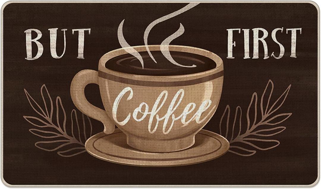 But First Coffee Themed Decorative Front Door Mat, Welcome Doormat Indoor Outdoor Brown Non-Slip Floor Entryway Rug, Coffee Bar Cafe Low Profile Home Kitchen Decoration 17x29 Inch
