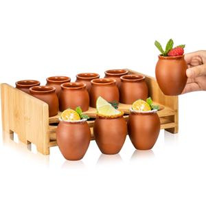 12Pcs 2oz/60ml Cantaritos De Barro Mexicanos with holder,Mini Jarritos De Barro Mexicanos Pottery Cocktail Glasses,Mexican Shot Glasses Taco Tuesday Cups For Celebration,Tequila,Margaritas