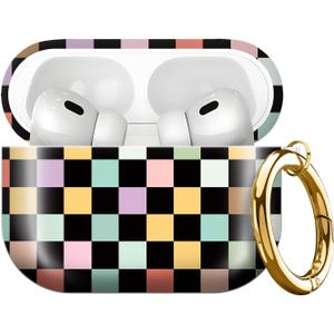 Compatible with AirPods Pro 3rd Generation 2025 Case Cover with Gold Keychain - Cute Protective Hard AirPod Pro 3 Cases for Women - Colorful Checkered