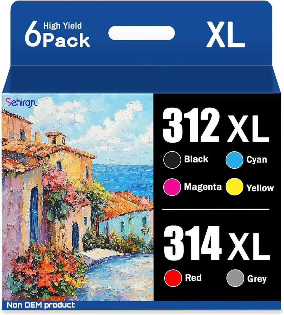 312XL 314XL High Yield Ink Cartridges Replacement for 312XL 314XL Ink Cartridge with Expression Photo XP-15000 Printer (6-Pack, 1 Black,1 Cyan,1 Magenta,1 Yellow,1 Red,1 Gray)