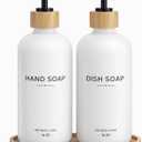 Hand and Dish Soap Dispenser Set,16oz Glass Bottles with Printed Labels, Bamboo Tray & Pump,Countertop Soap Dispensers for Kitchen,Luxury, Minimalist & Farmhouse Decor (Hand Dish (White))