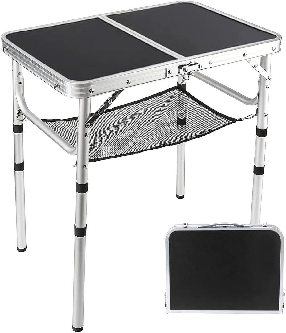 Small Folding Table 2 Foot, Portable Camping Table with Mesh Holders, Lightweight Aluminum Adjustable Height, with Carry Handle for Camping Picnic Indoor Outdoor, White 24 x 16 inch (Black