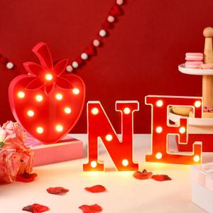 Honoson 3 Pcs First Birthday Decor LED Light up One Letters Marquee String Light Letters 1st Birthday Photo Prop Decorations Sweet One Party Supplies (Strawberry)