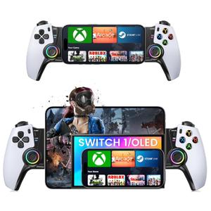 Wireless Phone Controller for iPhone/Android/Switch 1/2/OLED/iPad Mini With Hall Joystick, LED Mobile Gaming Controller for iOS Support Xbox, Steam Link, GeForce Now, Arcade,Call of Duty, Roblox (White-Xbox Layout)