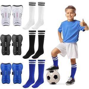 Toulite 3 Sets Soccer Shin Guards and Socks for Youth Kids, Soccer Shin Pads Long Socks for 7-15 Year Old Child, Gear Football Equipment for Boys Girls Toddlers Teenagers