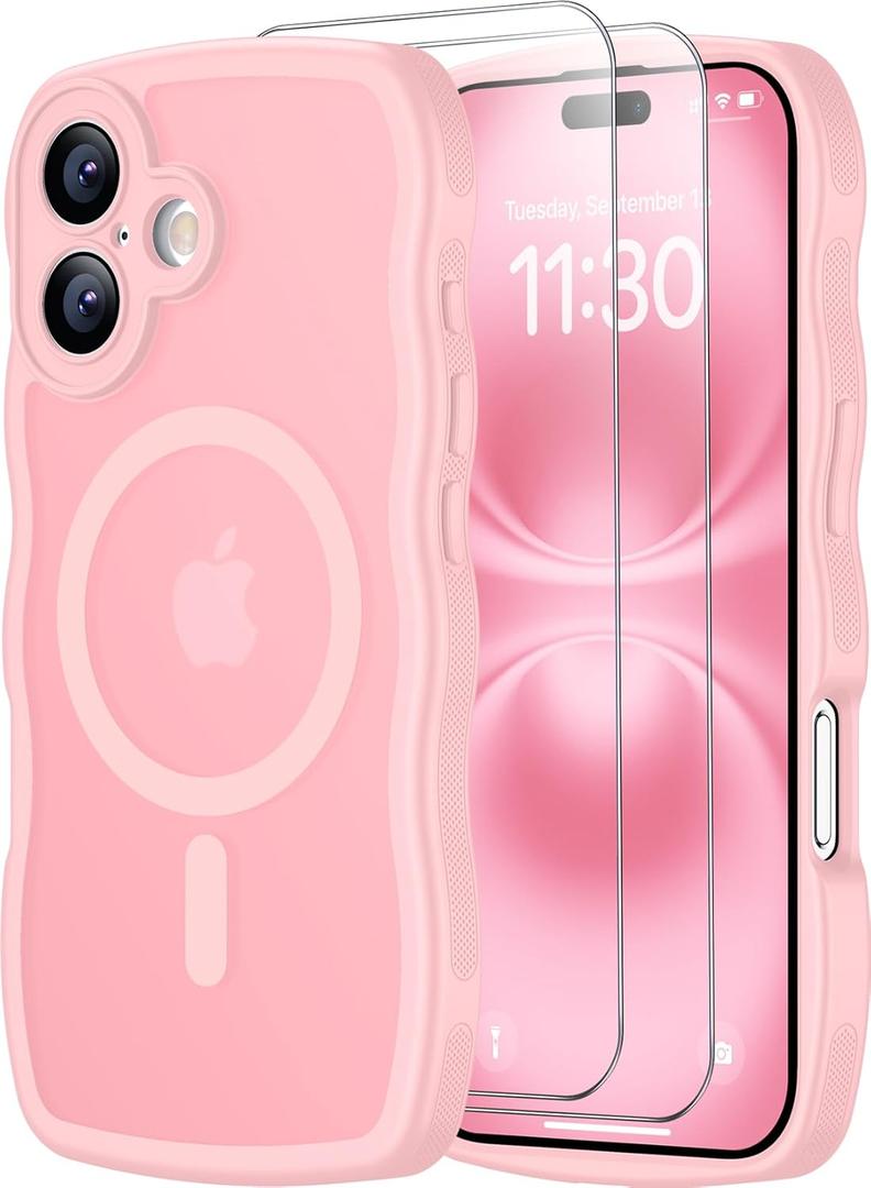 SPIDERCASE Magnetic for iPhone 16 Case, [Curly Wave Edge] with [2 Tempered Glass Screen Protector] [Full Camera Protection] Anti-Fingerprint Anti-Scratch Case for iPhone 16 6.1, Pink