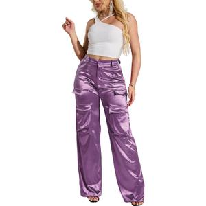 Women's High Waisted Satin Cargo Pants Loose Fit Wide Leg Trousers with Pockets Trendy Outfit (XX-Large, 13 Light Purple)