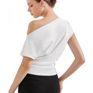 SUUKSESS Women Off The Shoulder Summer Tops One Shoulder T Shirt Casual Short Sleeve Boat Neck Tees (XL, White)