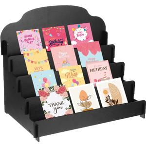 PATIKIL 4 Tiered Sticker Display Holder, Portable Postcard & Greeting Card Display Stand, Wooden Rack for Cards & Photos, 15.8 x 10.4 x 14.2, Black