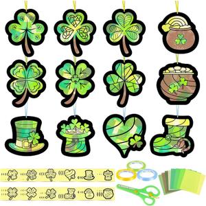 Tarklanda 48 Pcs St. Patricks Day Suncatchers Craft Kits Lucky Shamrock Tissue Paper Craft Kit DIY Stained Glass Window Art Hanging Ornament for Home Classroom Activity Birthday Party Gift