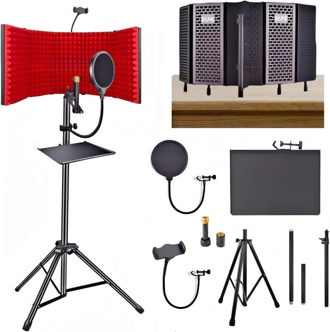 SYLPHID Microphone Isolation Shield with Pop Filter & Stand and Phone Clip, Foldable Triple Layer Sound Proofing, Studio Mic Cover for Recording, Podcasting, Streaming, Singing, YouTube Videos Red