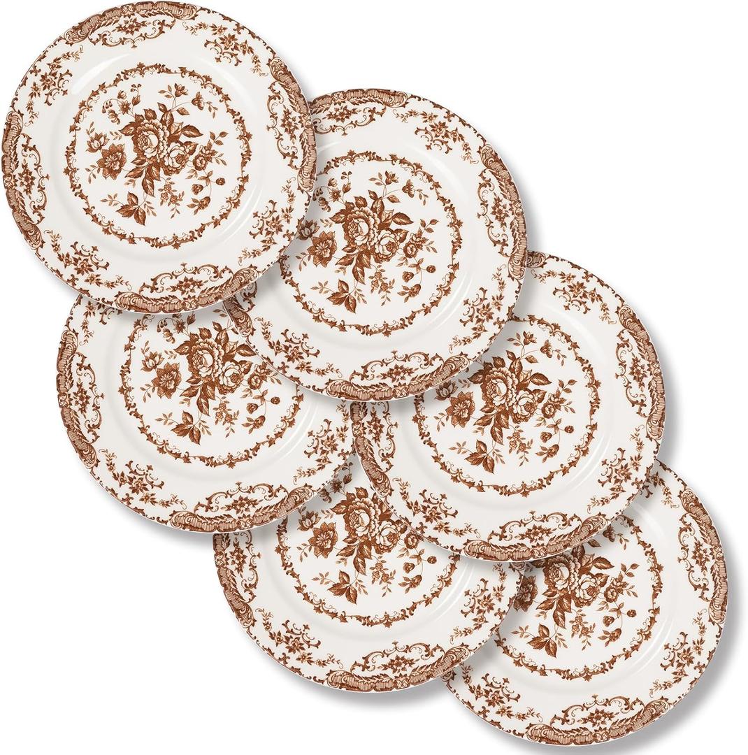 Salad Plates, 8.5 Inch Ceramic Plates Set of 6, Kitchen Plates Microwave Safe Plate, White Porcelain Dessert Porcelain Serving Dishes, Brown