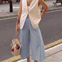 ELLEVEN Womens Cotton Linen Gingham Pants, Elastic Waist Flowy Wide Leg Plaid Capris Palazzo Trousers (Large, Black)