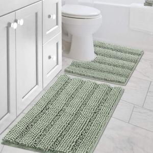 H.VERSAILTEX Bathroom Rugs Bath Rug Set 2 Piece Bathroom Contour Rug Toilet Mat Sets Non Slip Contour Bath Rug Ultra Thick Water Absorbent Striped Bath Mats Washable(20" x 32" Plus 20" x 20" U, Sage)