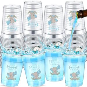 Meanplan 50 Pcs 12oz Elephant Pattern Baby Shower Party Plastic Cups A Little Peanut Is on the Way Disposable Clear Cups for Baby Shower Gender Reveal Supplies Decorations(Blue Grey)