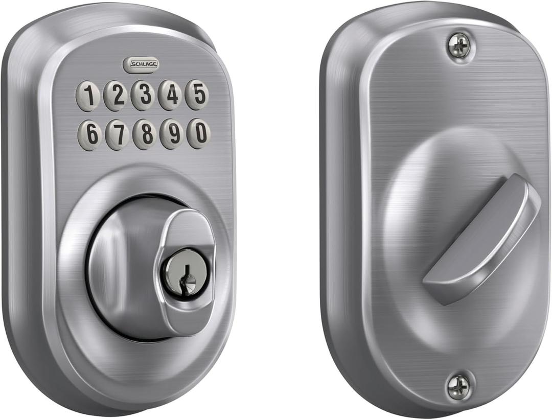 Schlage Plymouth Electronic Keypad Deadbolt Lock, Keyless Front Door Entry, Mechanical Key Backup Included, Satin Chrome, BE365 PLY 626