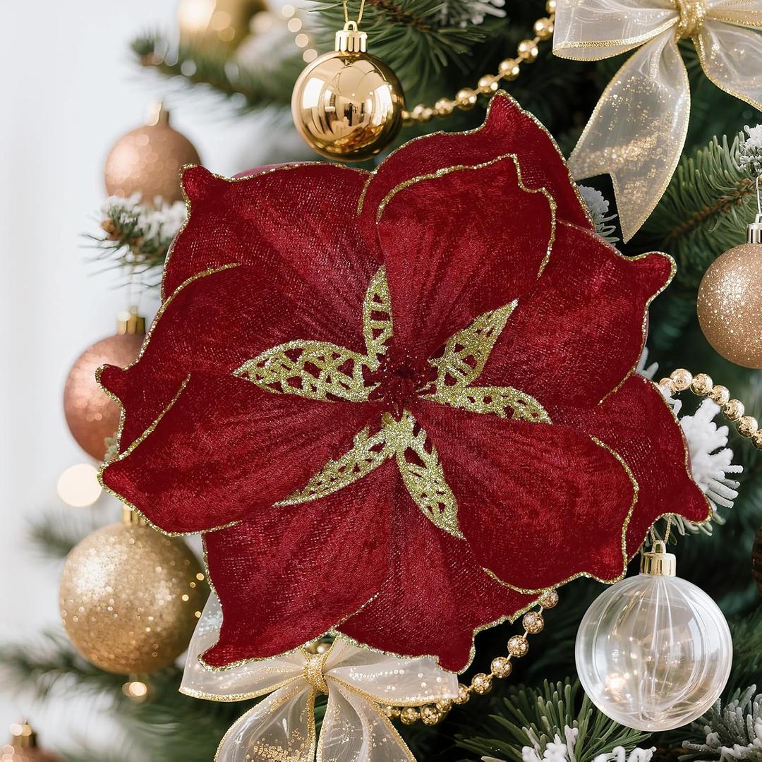 Alupssuc 16 PCS Poinsettia Christmas Flowers Artificial, Glitter Magnolia Poinsettia Flowers Artificial, Sparkling Christmas Decorations for Xmas Tree Party Wreath Fireplace, Burgundy