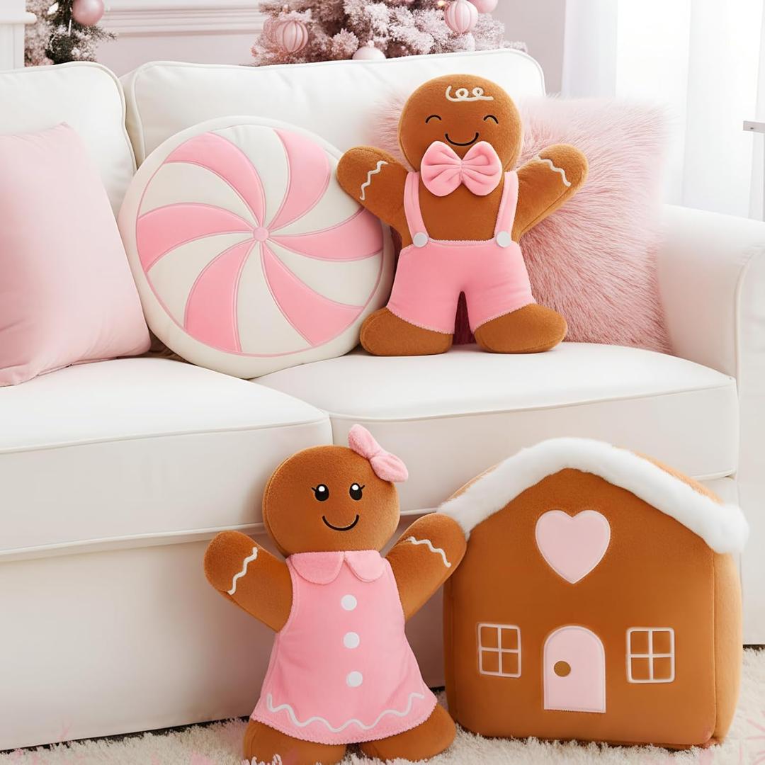 Poen 4 Pcs Christmas Gingerbread Plush Throw Pillows 10 Inches Gingerbread Man Throw Pillow Xmas Decor Gifts for Christmas Stuffed Gift for Family Friends (Cute Style)