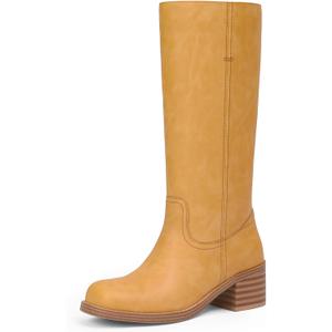 Adolilove Mid Calf Boots for Women Chunky Block Heel Women’s Tall Boots Square Toe Comfortable Casual Boots Low Heel Trendy Stylish Boots, Yellow, Size 6.5