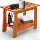 23 Inchs Teak Shower Stool with Handle & Shelf  Waterproof Non-Slip Bath Bench for Elderly/Seniors, Small Bathrooms & Outdoor Spa, 350 lbs Capacity, Easy-Grip Handles & Storage for Towels