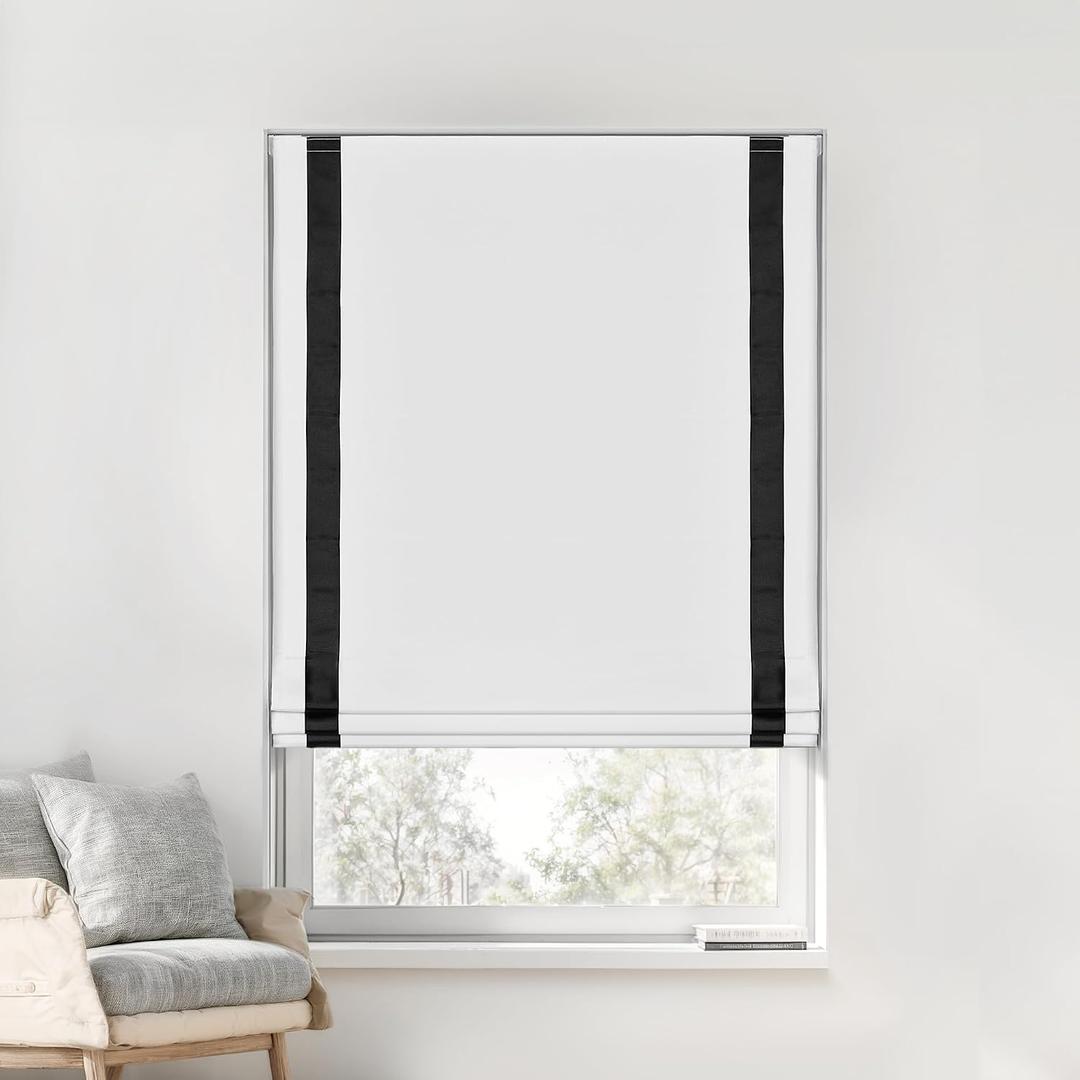 LazBlinds No Drill Cordless Roman Shades, 37'' W x 64'' H, White-Black