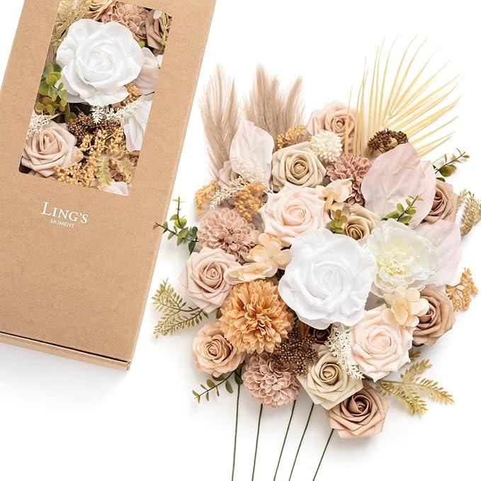 Ling's moment Fake Flowers Box, Faux Artificial Greenery Stems Foam Roses Dahlia Silk Hydrangea Peony Fabic Flower for Centerpieces Bouquet Wedding Vase Decorations, Boho & Nude, Deluxe Combo