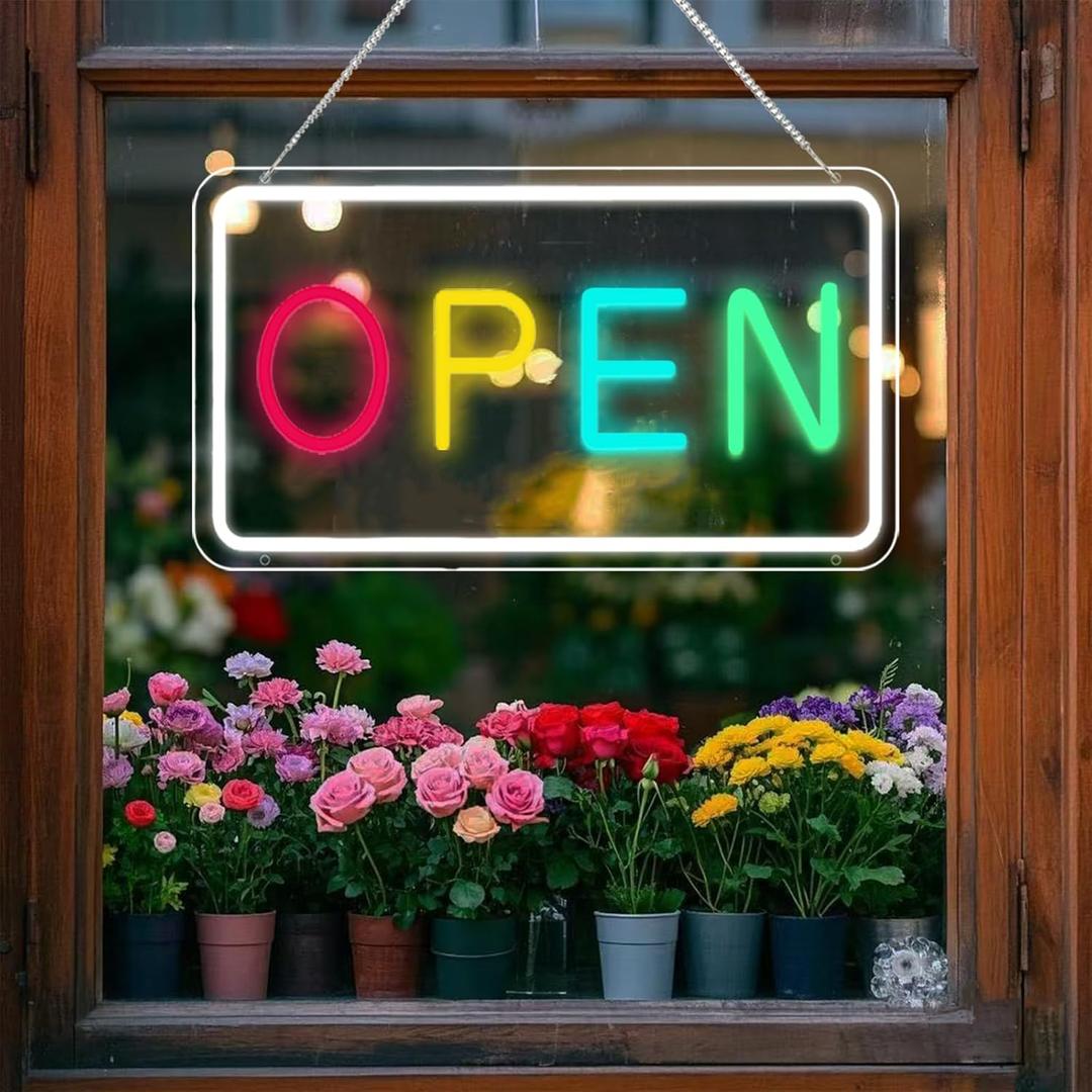 Neon Open Sign for Business, Adjustable Brightness Open Sign with ON/OFF Switch for Stores, Coffee Shop, Flower shop, Hotel, Bars, Window etc, 16x9in,Purple,  Yellow, Blue, Green(Outside Edge Cool White)