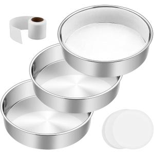 8 Inch Cake Pan Set of 3, E-Far Stainless Steel Round Layer Cake Baking Pans with Parchment Rounds & Side Liner Roll, Non-Toxic & Healthy Metal Cakes Tin, Straight Side & Dishwasher Safe
