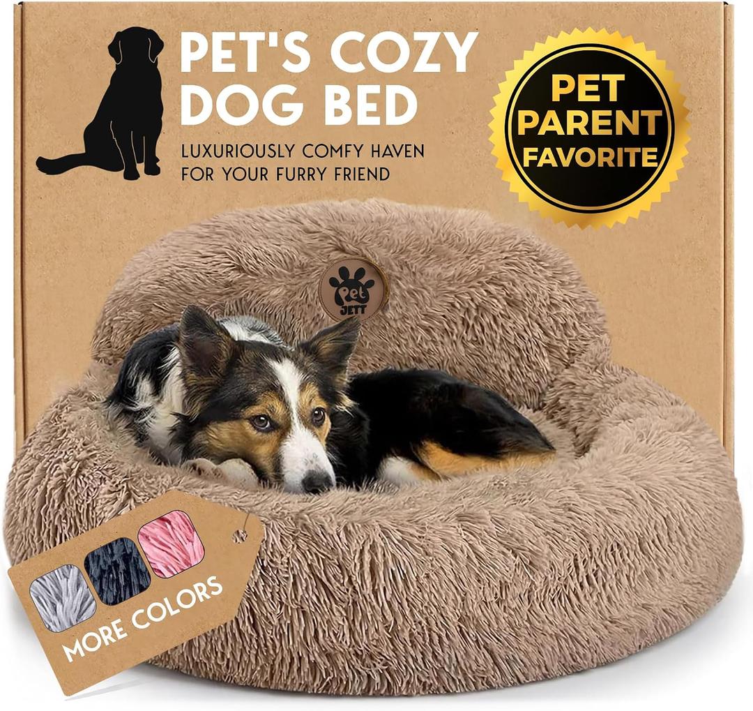 PetJett Calming Medium Dog Bed - 30'' Round Dog Beds - Washable Dog Bed - Anti-Slip Super Soft Fluffy Plush Donut Bed, Anti-Anxiety Premium Comfort Pet Bed, Fits Dogs up to 45 lbs - Beige