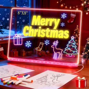 LED Note Board with Colors, 7.9"X7.9" Led Drawing Board Acrylic Dry Erase Board with Light, Light Up Message Board with Stand, 5 Markers and Soft Cloth, for Home Office Kitchen Christmas Decor (Medium)