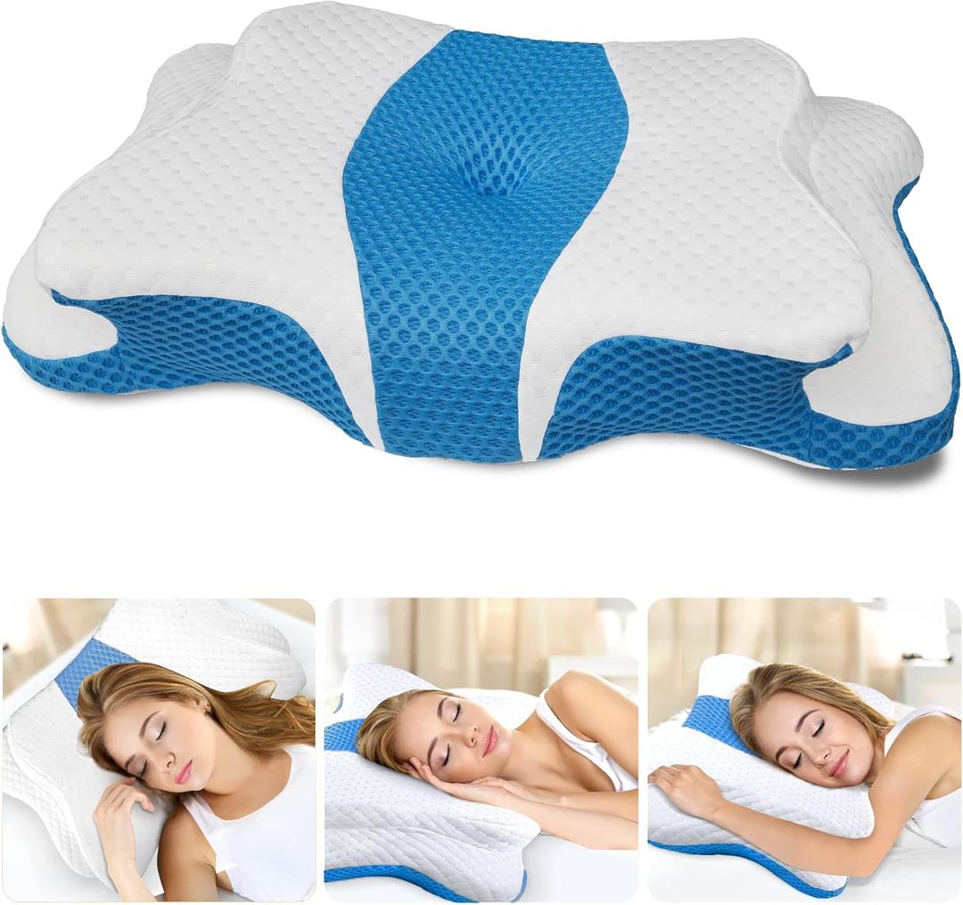 CHxxy Memory Foam Pillows, Cervical Pillow for Neck and Shoulder Pain Relief, Ergonomic Contour Bed Pillow, Soft for Side Sleep Stomach Sleeping and Back Sleeper-Queen Size, Blue